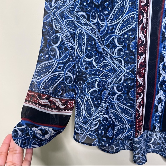 Cato Blue Red Bandana Tribal Aztec Sheer Button Up Top - Picture 4 of 9
